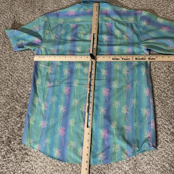 Tropical Bros Shirt Mens Medium Blue Green Palm Tree Hawaiian Aloha Button Up - Picture 5 of 7